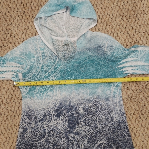 Style & Co Sport Women PM Lightweight Hoodie Blue Paisley Burnout 3/4 Sleeves - Picture 7 of 12